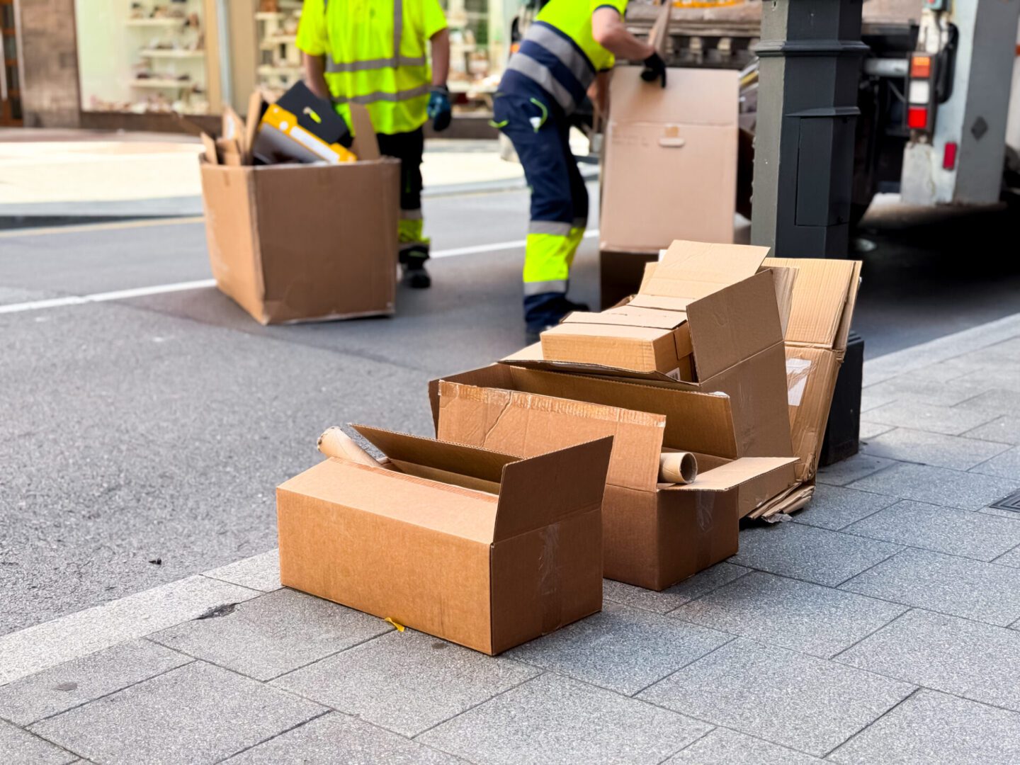 Workers dispose of cardboard boxes on city street sidewalk. High quality.
