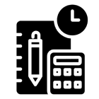 Calculator, notebook, and clock icons symbolizing time management and planning.